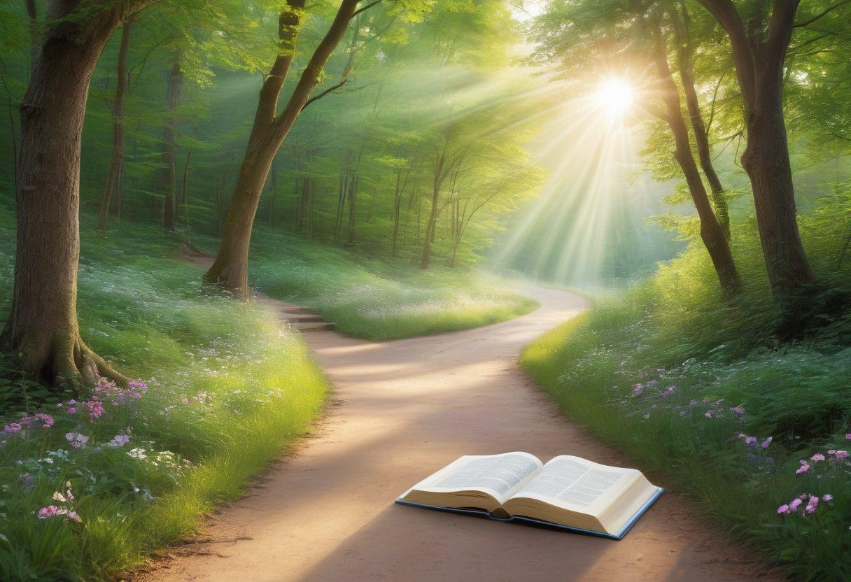 A serene path winding through a lush green forest, symbolizing the cancer journey. Alongside the path, supportive figures such as friends and healthcare professionals offer guidance. Wispy clouds above and rays of sunlight breaking through, representing hope and empowerment. Include symbols like knowledge in the form of open books and ribbons signifying cancer awareness. soft pastel colors. peaceful atmosphere.