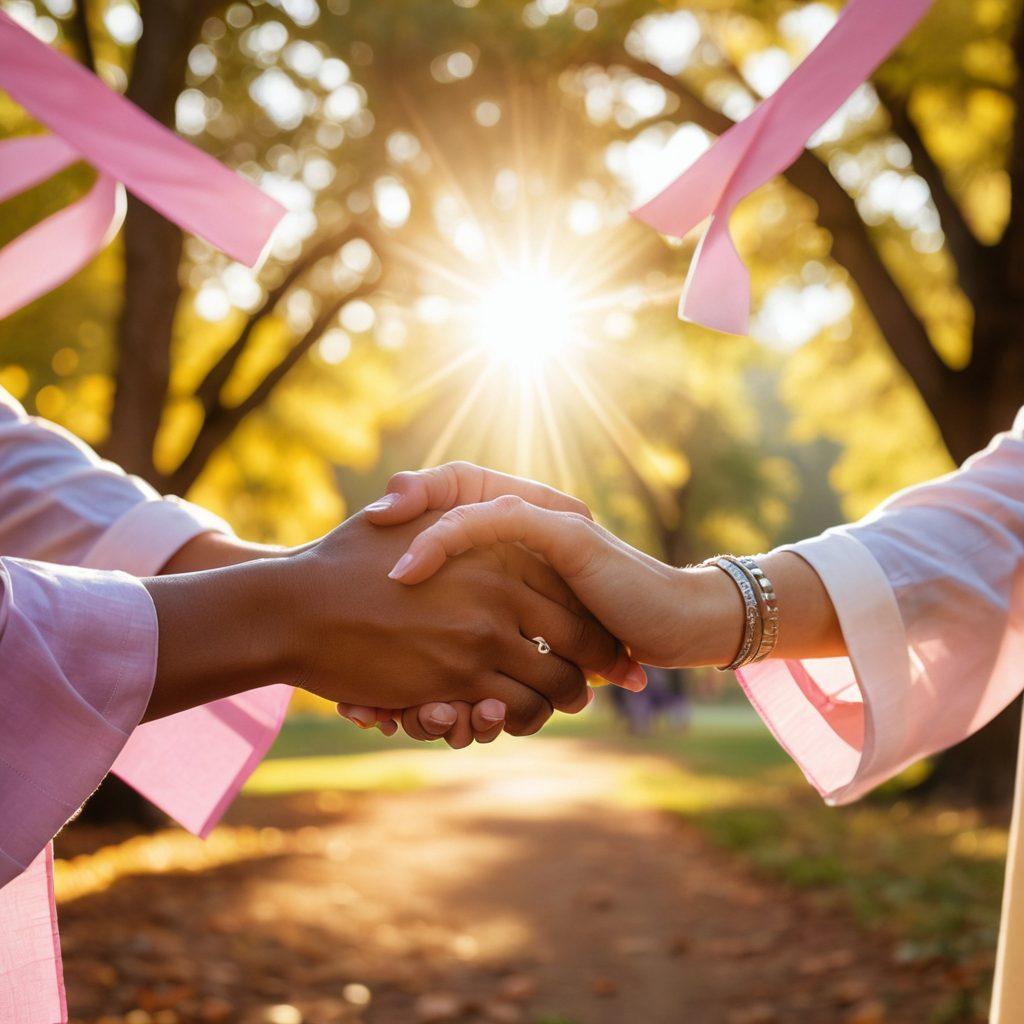 A vibrant and supportive community gathering, featuring diverse individuals holding hands in a circle, surrounded by symbols of cancer awareness like ribbons and hope. Soft sunlight filters through trees, casting a warm glow over the scene, while cheerful banners reading 'Advocacy and Support' flutter in the breeze. The expressions of unity, strength, and hope should radiate from the participants. super-realistic. warm colors. uplifting atmosphere.